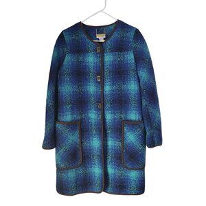 Soft Surroundings Womens M Blue Brown Tweed Plaid Coat Turn Lock Button Jacket